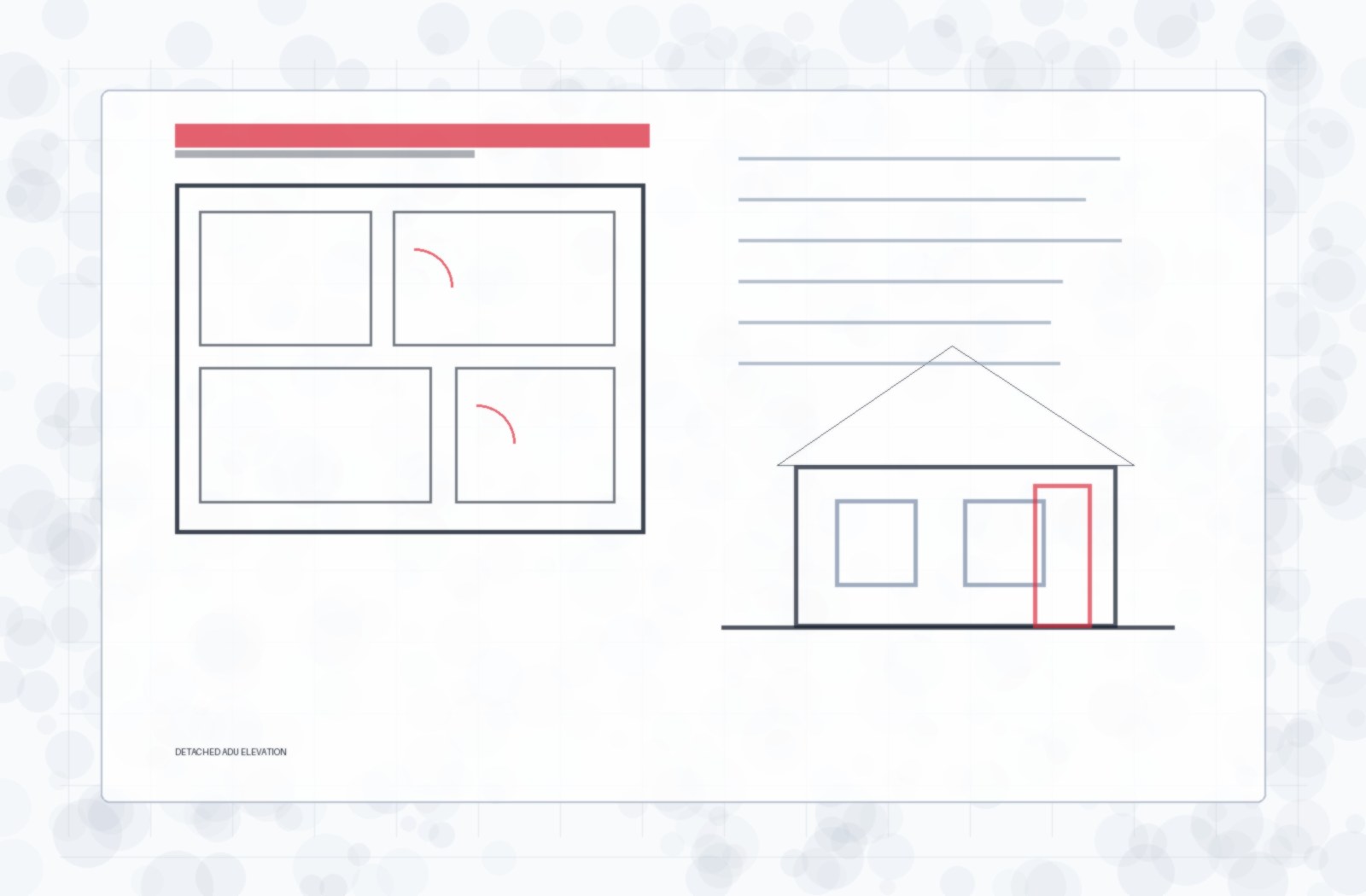 Detached ADU elevation drawing with notes for a backyard structure